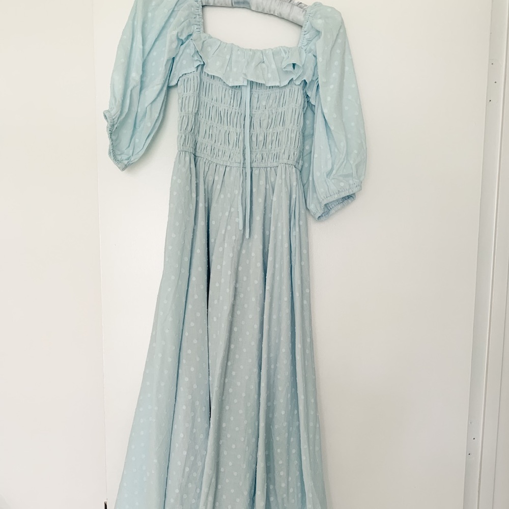 Cottagecore baby blue polka dot maxi dress
